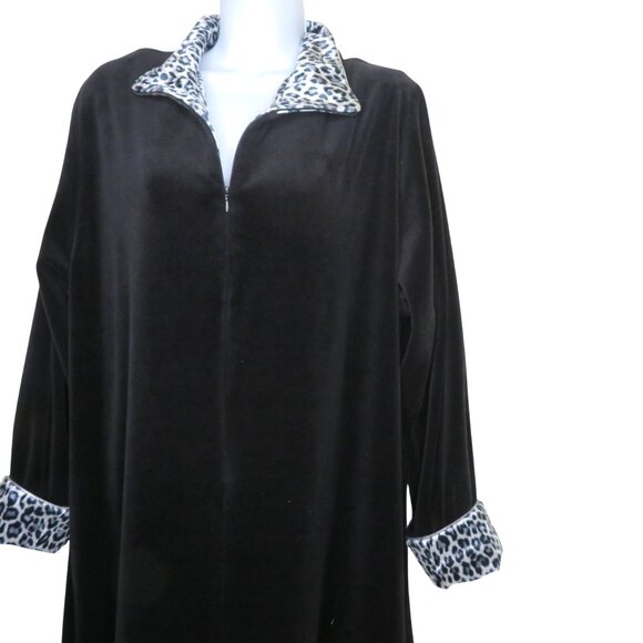 Vintage Neiman Marcus Black Velour Long Robe Leopard Print Collar Cuffs Zip L - Picture 5 of 12